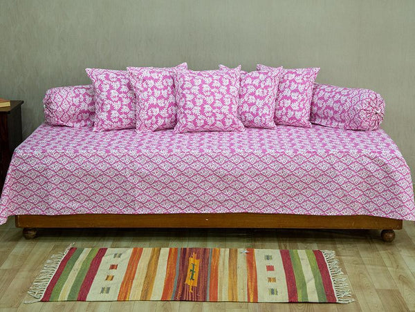Cotton Diwan Set Pink White Leaves Print (6624088981603)