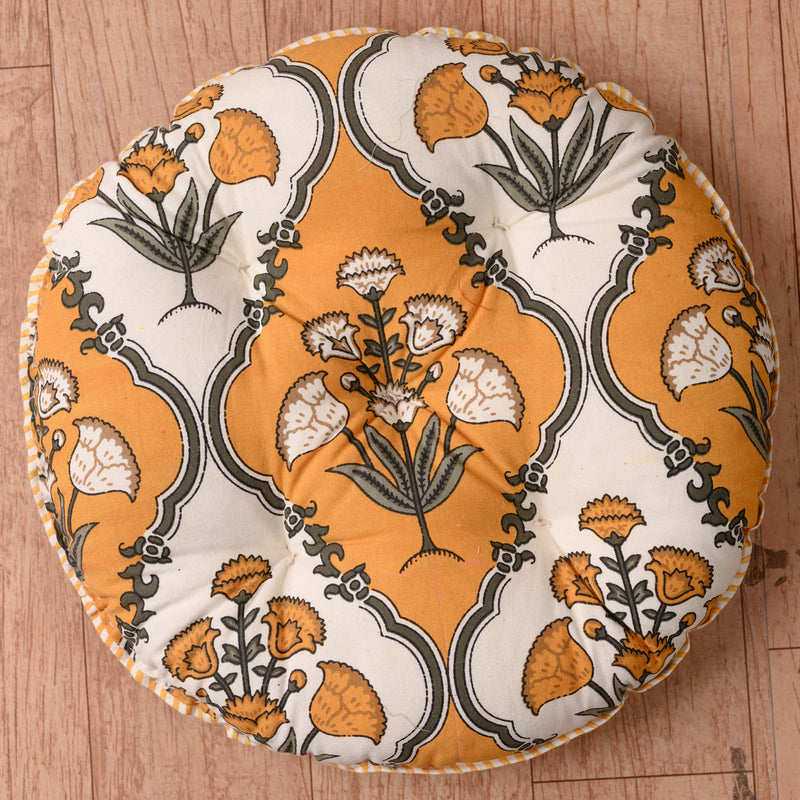 Cotton Chair Cushion Round Yellow White Boota Print (6772183859299)