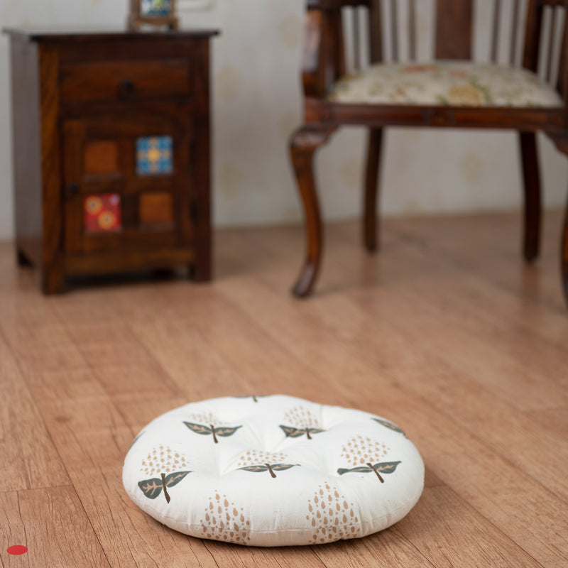 Cotton Chair Cushion Round White Brown Floral Print (6831241396323)