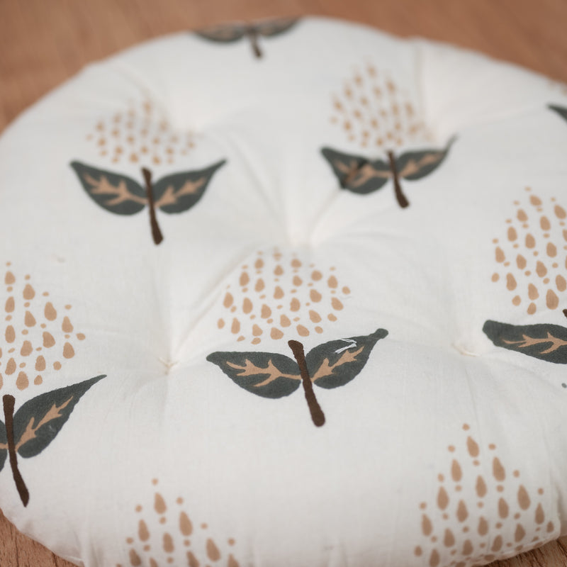 Cotton Chair Cushion Round White Brown Floral Print 2 (6831241396323)