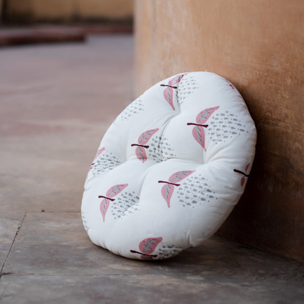 Cotton Chair Cushion Round White Pink Floral Print