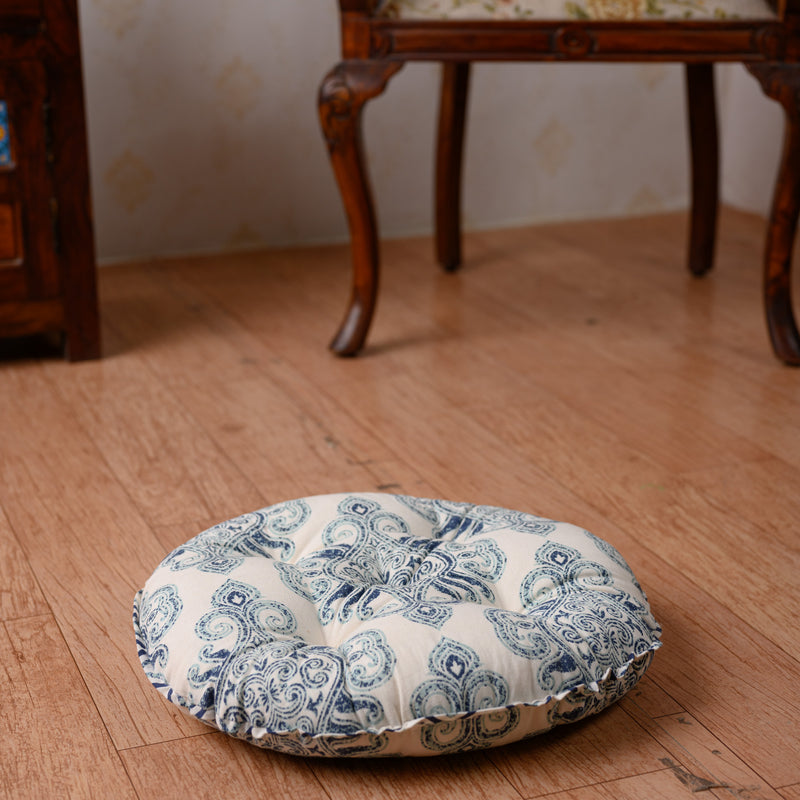 Cotton Chair Cushion Round Blue Boota Print (6772183892067)
