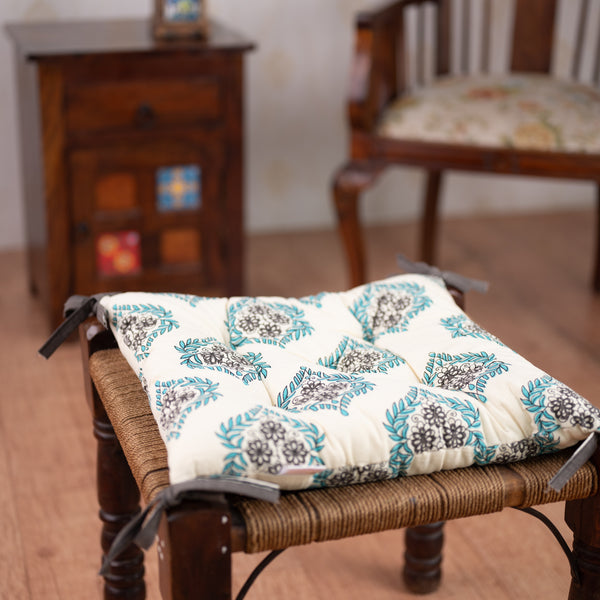 Cotton Chair Cushion Square Blue Grey Floral Print (6831242182755)
