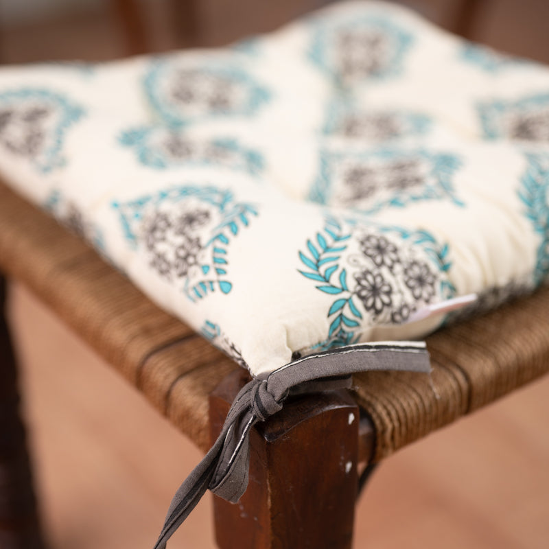 Cotton Chair Cushion Square Blue Grey Floral Print 1 (6831242182755)