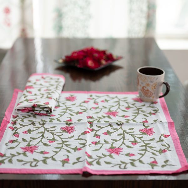 Cotton Napkin Pink Green Floral Jaal Block Print 1 (6800611147875)
