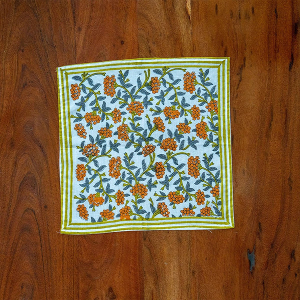 Cotton Mulmul Napkin Orange Grey Floral Jaal Block Print (6648222875747)