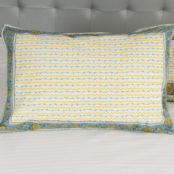 Cotton Pillow Cover Yellow Blue Leheriya Block Print (6718996021347)
