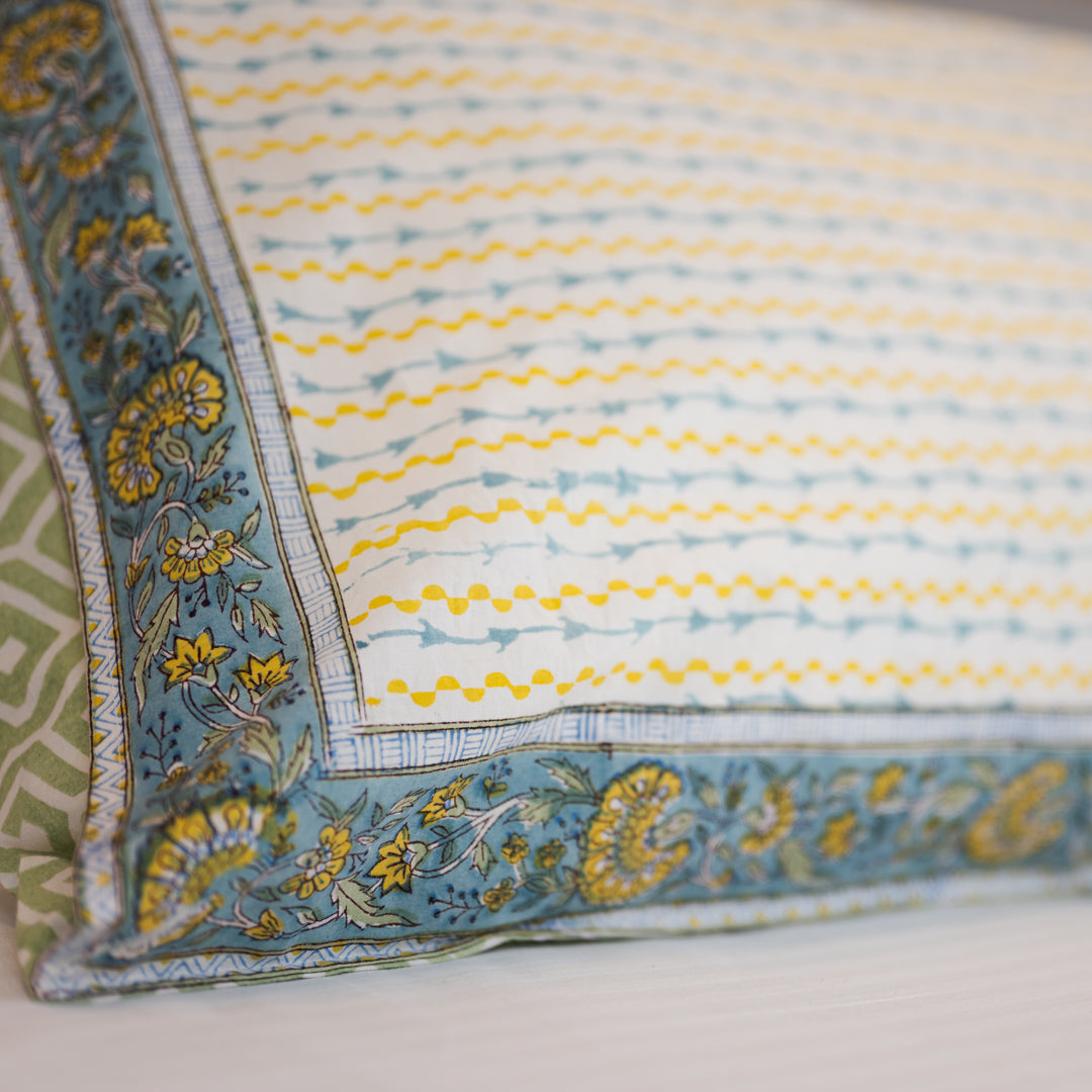 Cotton Pillow Cover Yellow Blue Leheriya Block Print 1 (6718996021347)