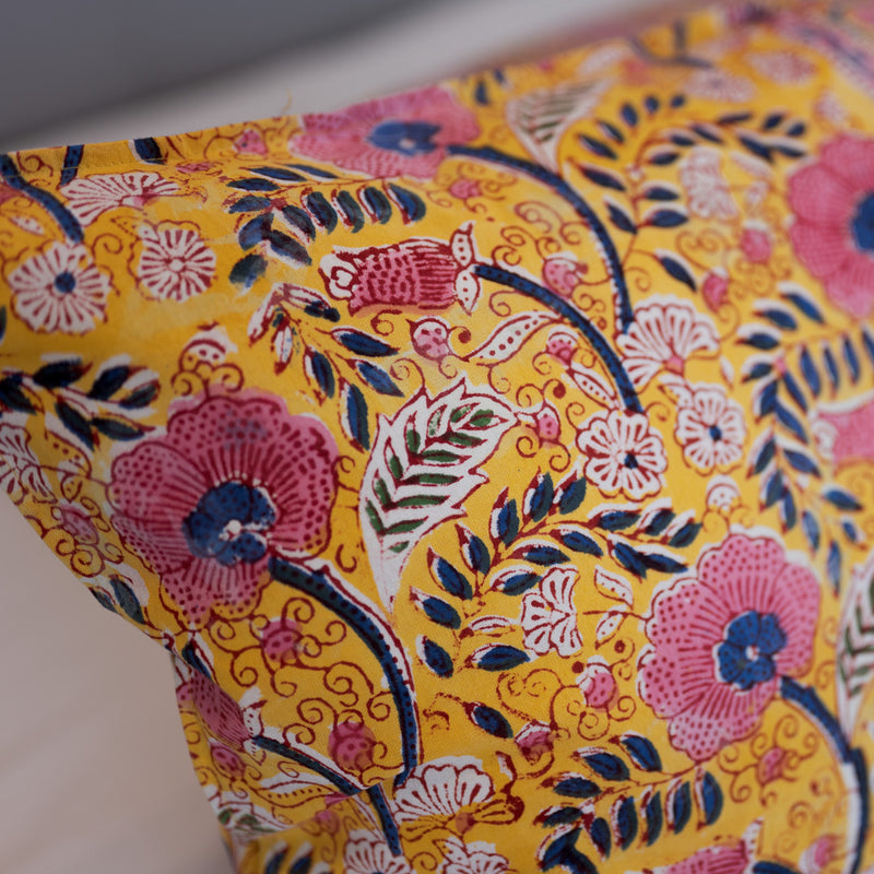 Cotton Pillow Cover Yellow Pink Floral Block Print 1 (6743871651939)