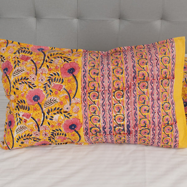 Cotton Pillow Cover Yellow Pink Floral Block Print (6743871651939)