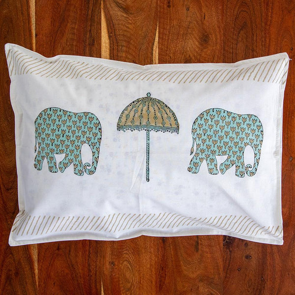 Cotton Pillow Cover Teal Green Elephant Umbrella Block PrintCotton Pillow Cover Teal Green Elephant Umbrella Block Print (6543379071075)