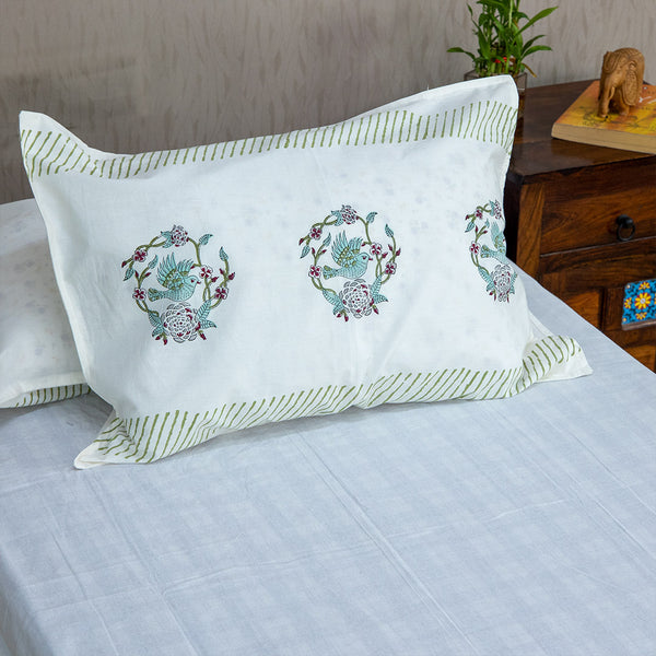 Cotton Pillow Cover Light Green Bird Block Print (6668358090851)