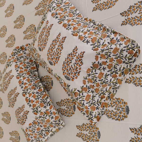 Cotton Pillow Cover Orange Grey Floral Boota Block Print (4496984703075)