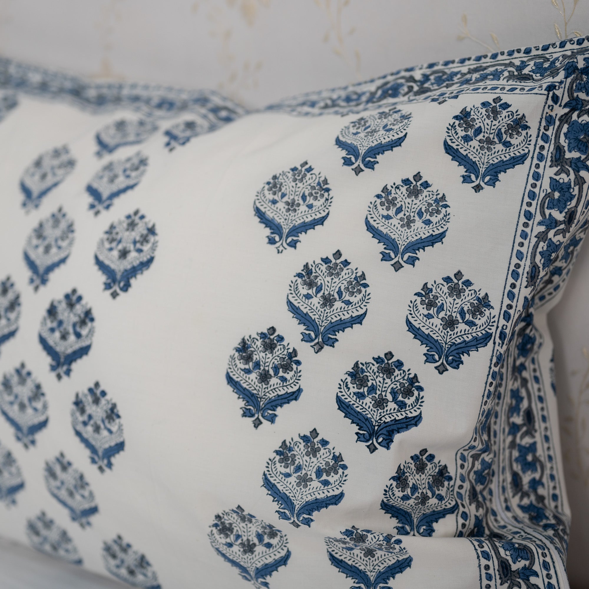 Cotton Pillow Cover Grey Blue Booti Block Print 1 (6743871848547)