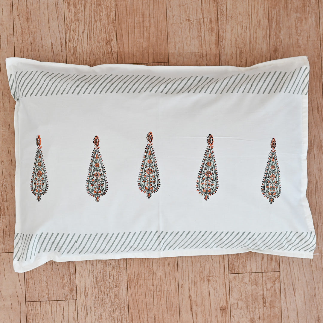 Cotton Pillow Cover Grey Orange Floral Jaal Block Print (6668358189155)