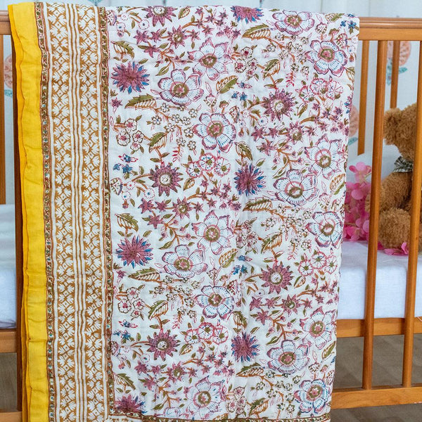 Cotton Mulmul Baby Razai Quilt Yellow Pink Floral Jaal Block Print 1 (4790327607395)