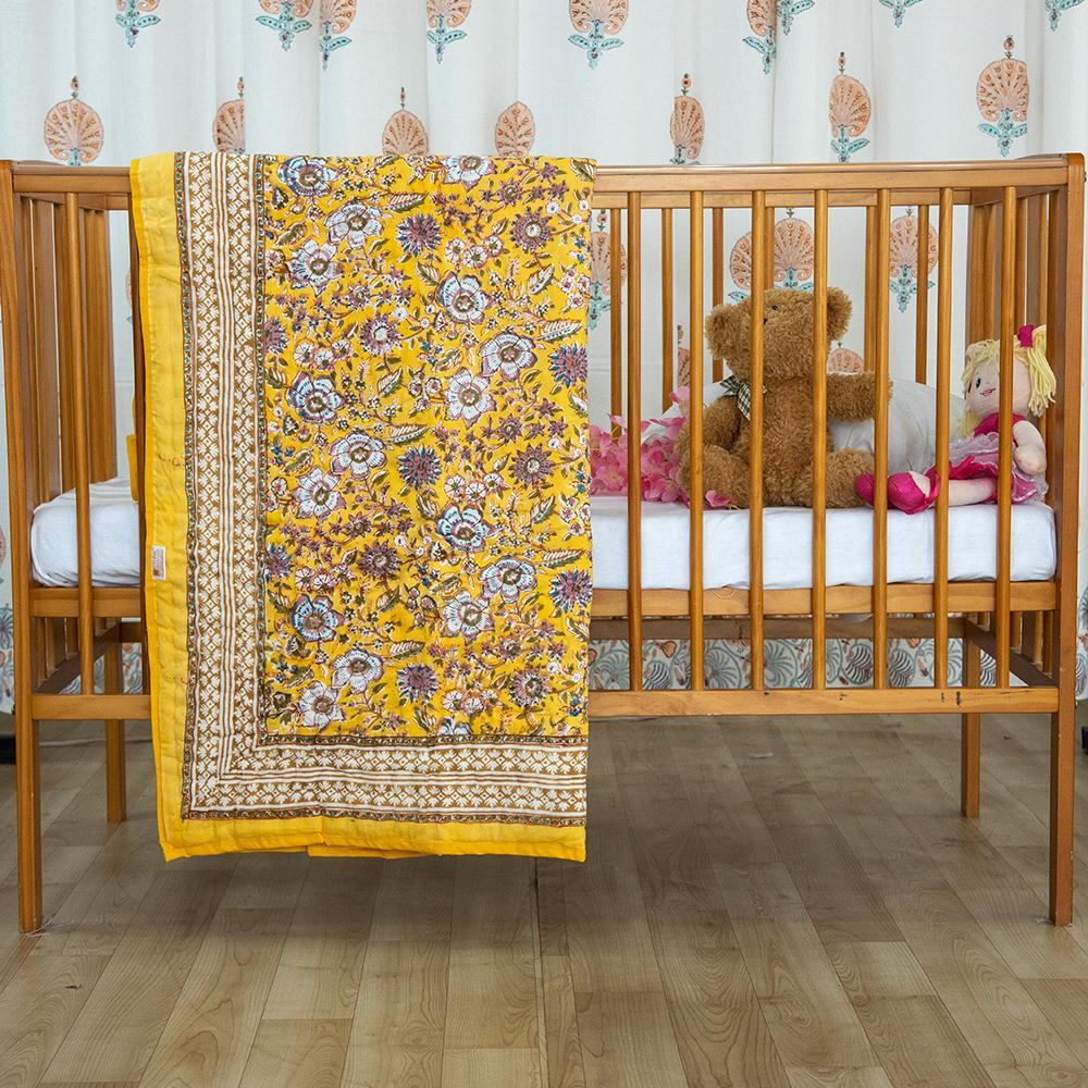 Cotton Mulmul Baby Razai Quilt Yellow Pink Floral Jaal Block Print (4790327607395)