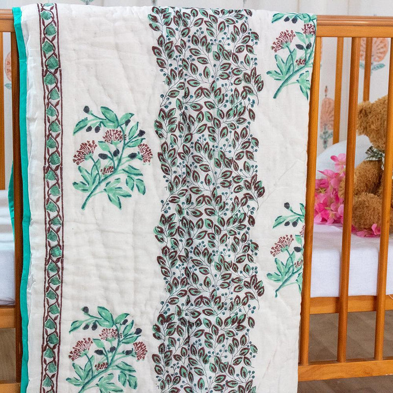 Cotton Mulmul Baby Razai Quilt Light Green Flower Stem Block Print 2 (4790327771235)