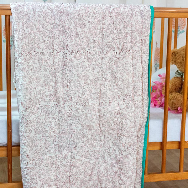 Cotton Mulmul Baby Razai Quilt Light Green Flower Stem Block Print 1 (4790327771235)