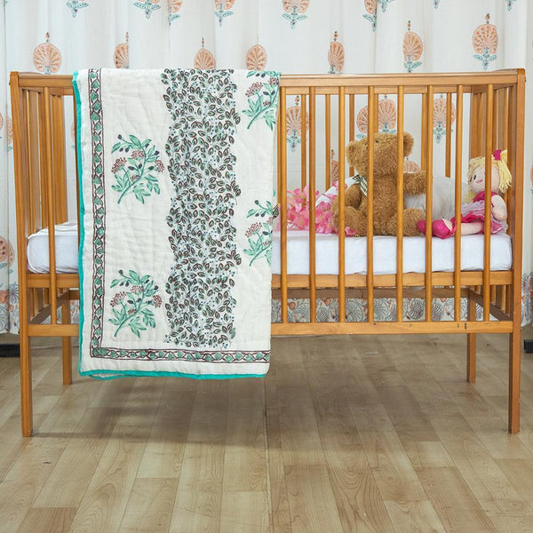 Cotton Mulmul Baby Razai Quilt Light Green Flower Stem Block Print (4790327771235)