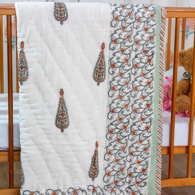 Cotton Mulmul Baby Razai Quilt Grey Orange Floral Jaal Block Print 2 (4790327804003)