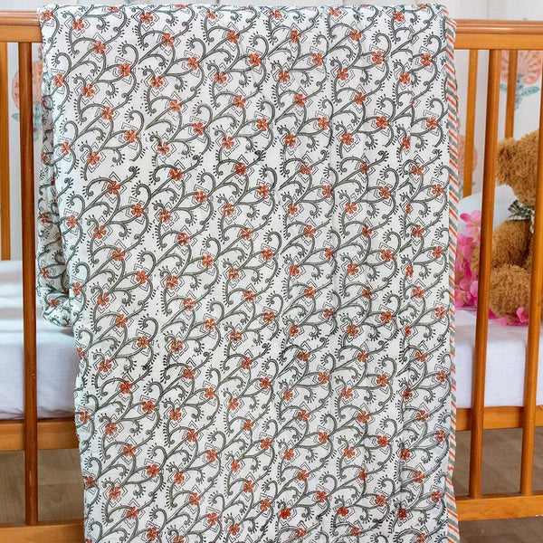 Cotton Mulmul Baby Razai Quilt Grey Orange Floral Jaal Block Print 1 (4790327804003)