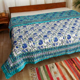 Cotton Mulmul Double Bed Jaipuri Razai Quilt Sea Green Blue Floral Jaal Block Print 1 (4726137749603)