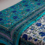 Cotton Mulmul Double Bed Jaipuri Razai Quilt Sea Green Blue Floral Jaal Block Print 3 (4726137749603)