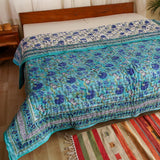 Cotton Mulmul Double Bed Jaipuri Razai Quilt Sea Green Blue Floral Jaal Block Print (4726137749603)