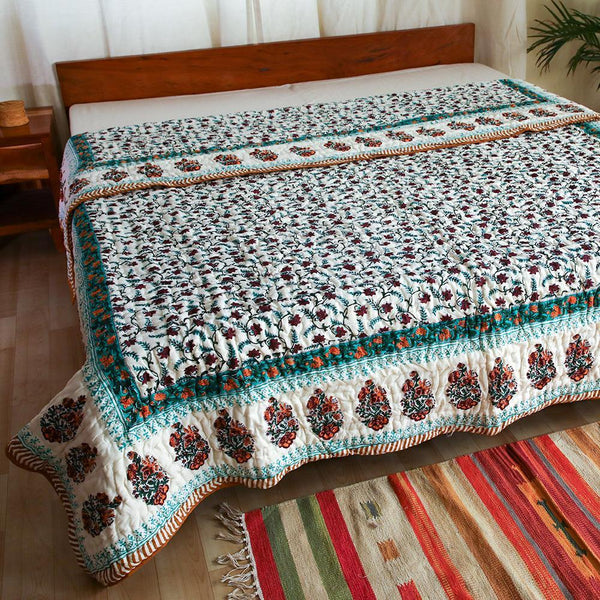 Cotton Mulmul Double Bed Jaipuri Razai Quilt Maroon Green Floral Jaal Block Print (4726137847907)