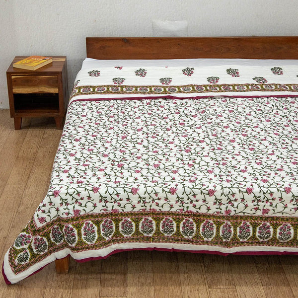 Cotton Double Bed Jaipuri Razai Quilt Pink Green Floral Jaal Block Print (4790337208419)