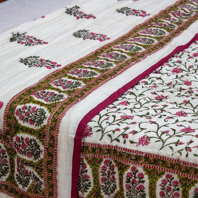Cotton Double Bed Jaipuri Razai Quilt Pink Green Floral Jaal Block Print (4790337208419)