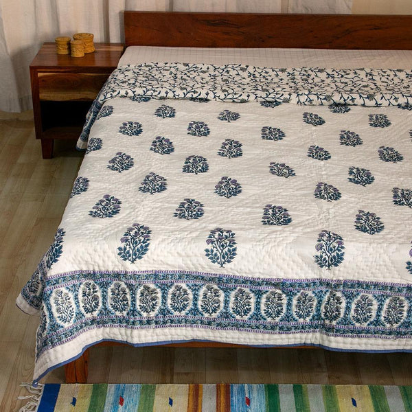 Cotton Mulmul Double Bed Jaipuri Razai Quilt Blue Grey Floral Bel Block Print (4736316702819)