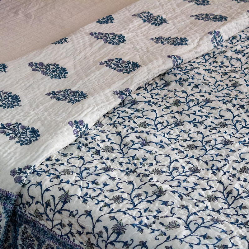 Cotton Mulmul Double Bed Jaipuri Razai Quilt Blue Grey Floral Bel Block Print 3 (4736316702819)