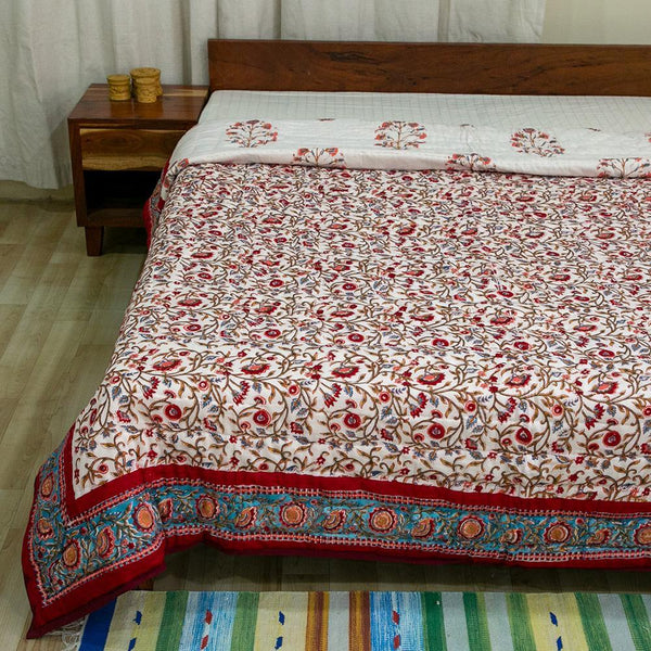 Cotton Mulmul Double Bed Jaipuri Razai White Red Floral Jaal Block Print 1 (4778029776995)