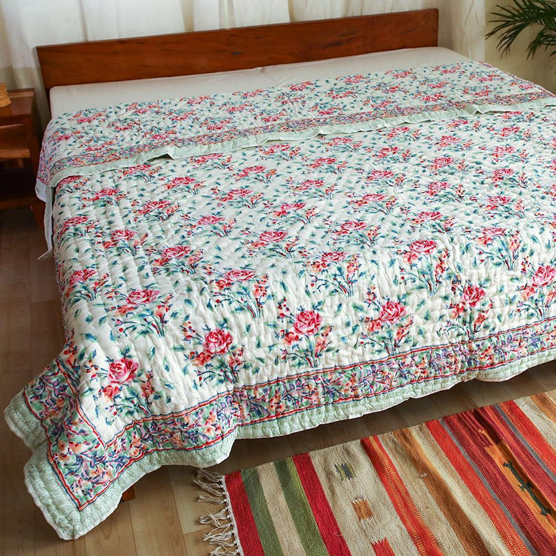 Cotton Mulmul Double Bed Jaipuri Razai Quilt White Pink Rose Block Print (4778029809763)