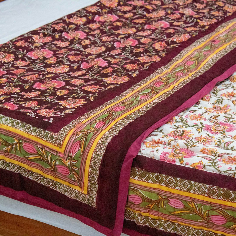 Cotton Double Bed Jaipuri Razai Quilt Maroon Pink Floral Jaal Block Print 1 (4790337273955)
