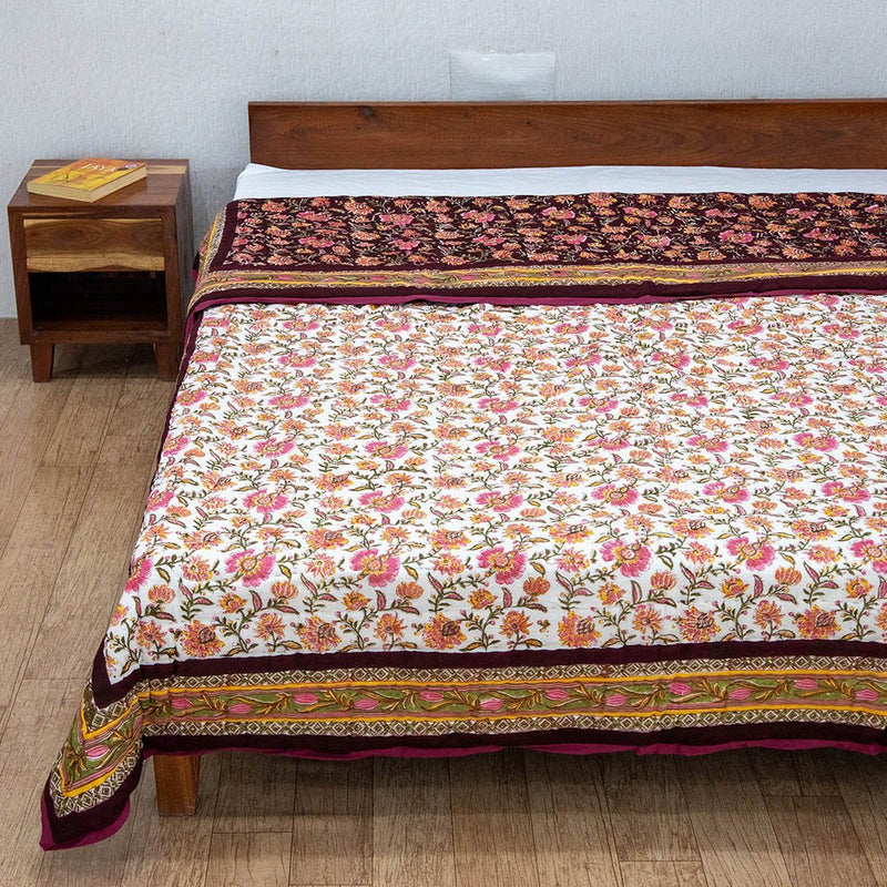 Cotton Double Bed Jaipuri Razai Quilt Maroon Pink Floral Jaal Block Print 3 (4790337273955)
