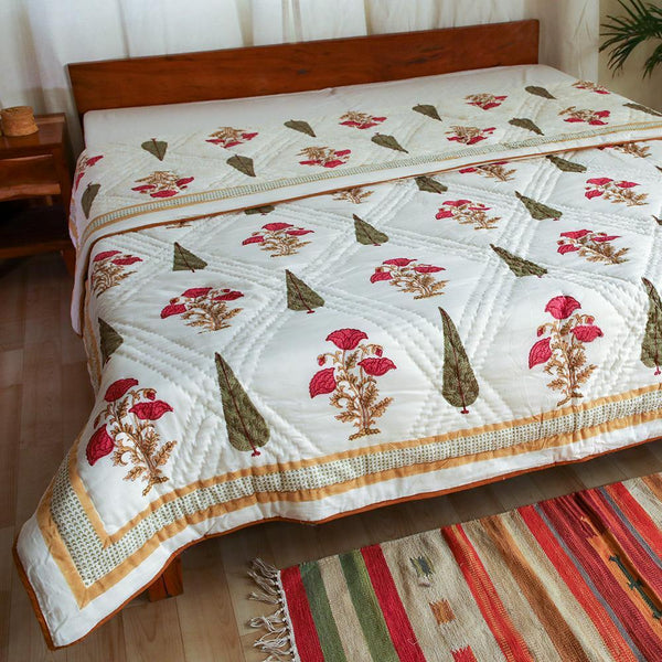 Cotton Mulmul Double Bed Jaipuri Razai Quilt Pink Brown Floral Boota Block Print (4726137913443)