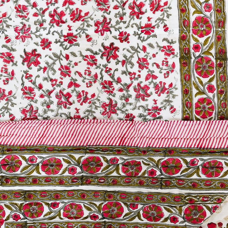 Cotton Mulmul Jaipuri Razai Quilt Pink Grey Tulip Boota Block Print 2 (6693480497251)