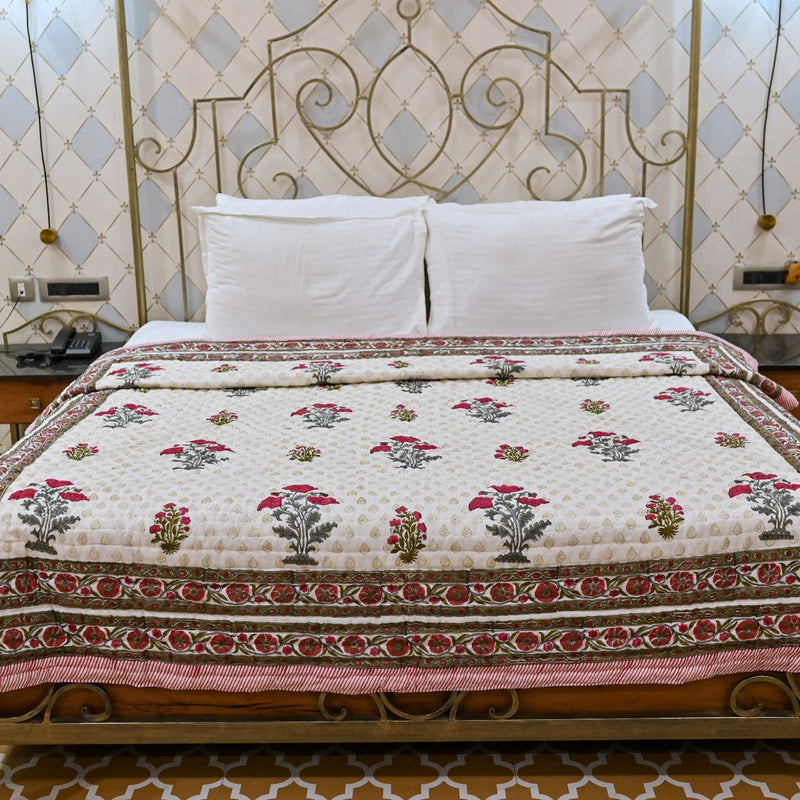 Cotton Mulmul Jaipuri Razai Quilt Pink Grey Tulip Boota Block Print 1 (6693480497251)