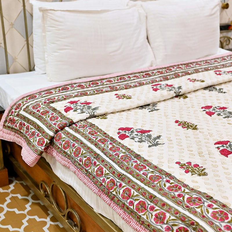 Cotton Mulmul Jaipuri Razai Quilt Pink Grey Tulip Boota Block Print (6693480497251)