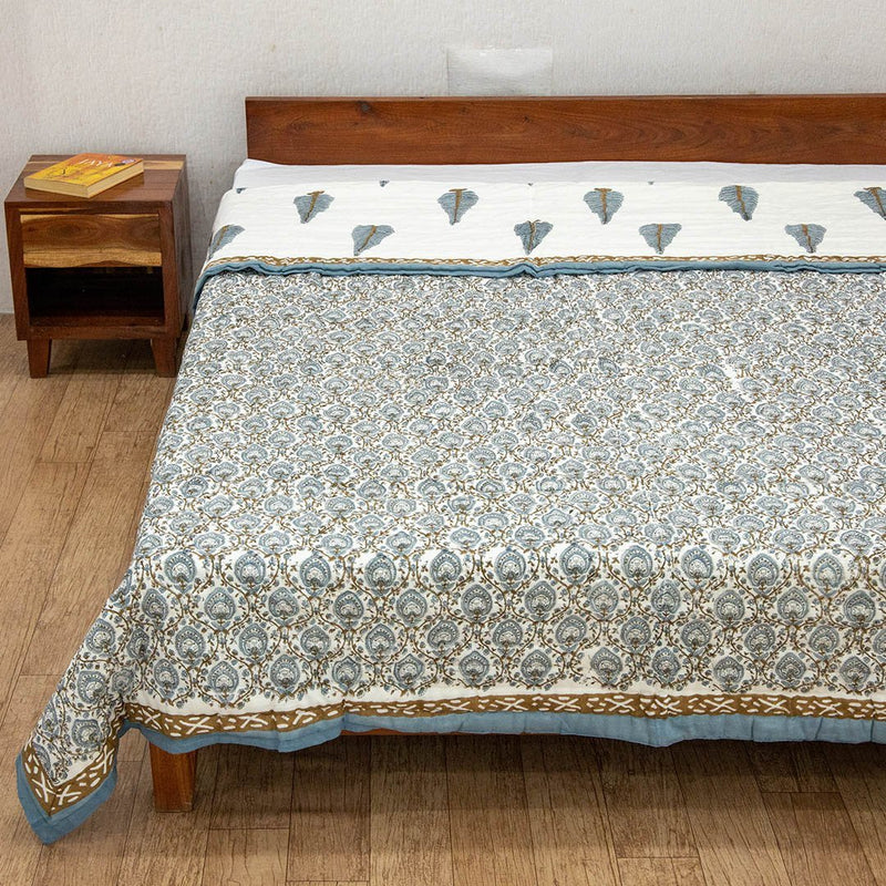 Cotton Mulmul Double Bed Quilt Razai Grey Brown Leaf Jaal Block Print (6644670398563)