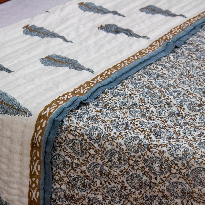 Cotton Mulmul Double Bed Quilt Razai Grey Brown Leaf Jaal Block Print 2 (6644670398563)