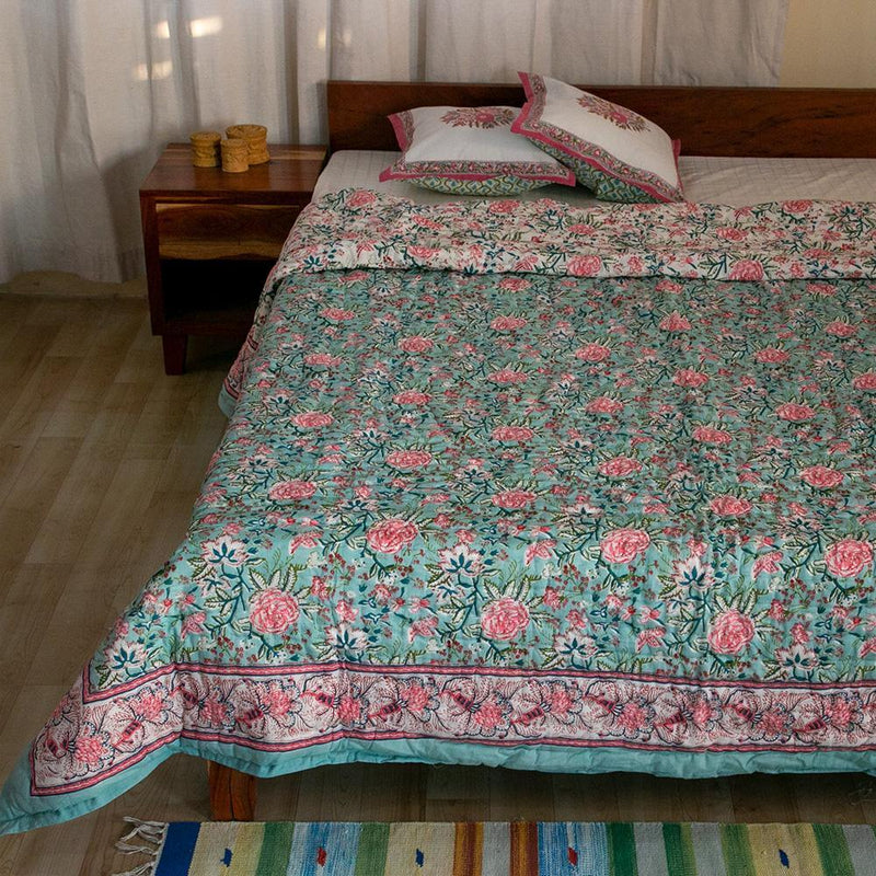 Cotton Mulmul Double Bed Jaipuri Razai Quilt Pista Green Rose Jaal Print (4736316768355)