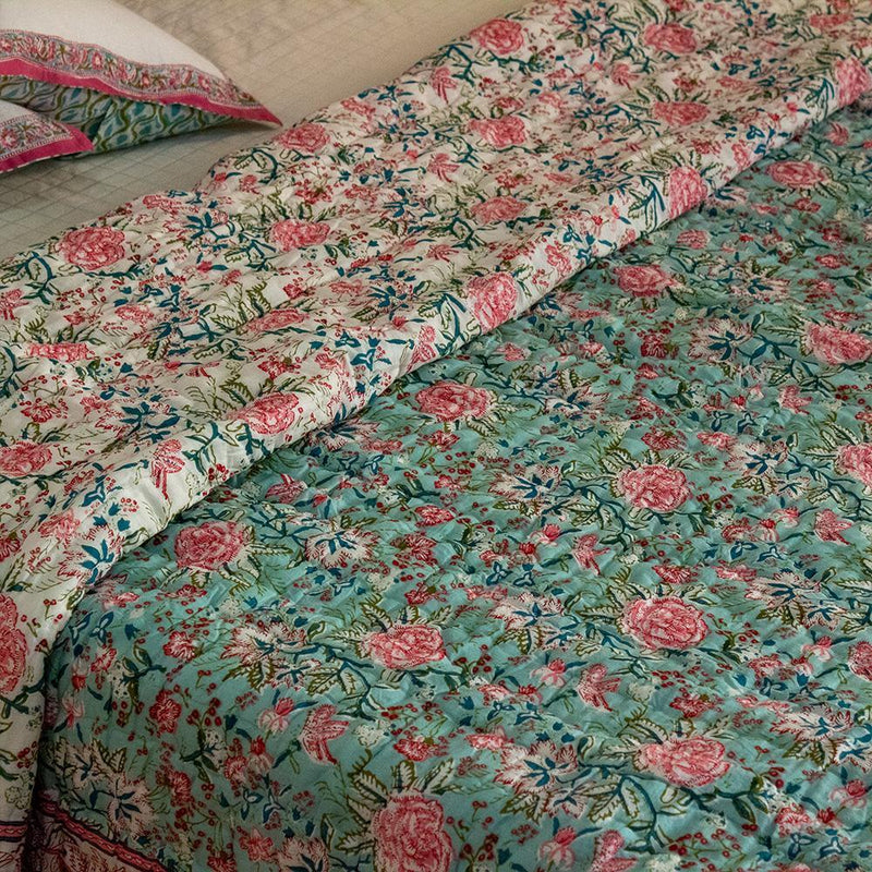 Cotton Mulmul Double Bed Jaipuri Razai Quilt Pista Green Rose Jaal Print 3 (4736316768355)