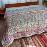 Cotton Mulmul Double Bed Jaipuri Razai Quilt Lemon Yellow Rose Jaal Print (4736316833891)