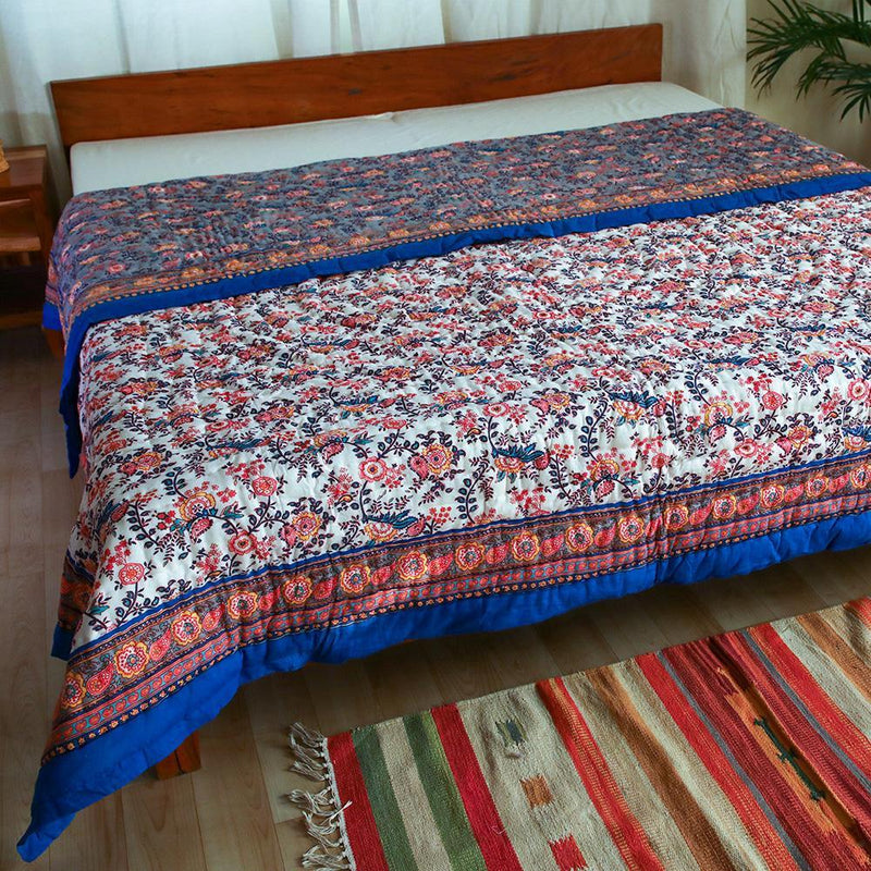 Cotton Mulmul Double Bed Jaipuri Razai Quilt Grey Floral Bel Print 3 (4736316899427)