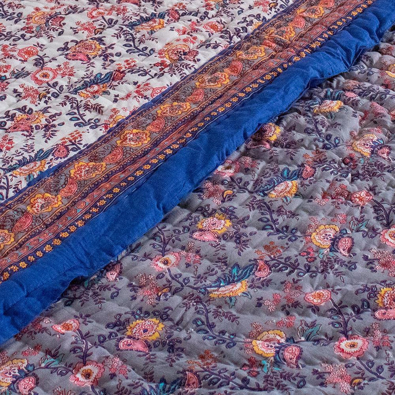 Cotton Mulmul Double Bed Jaipuri Razai Quilt Grey Floral Bel Print 1 (4736316899427)