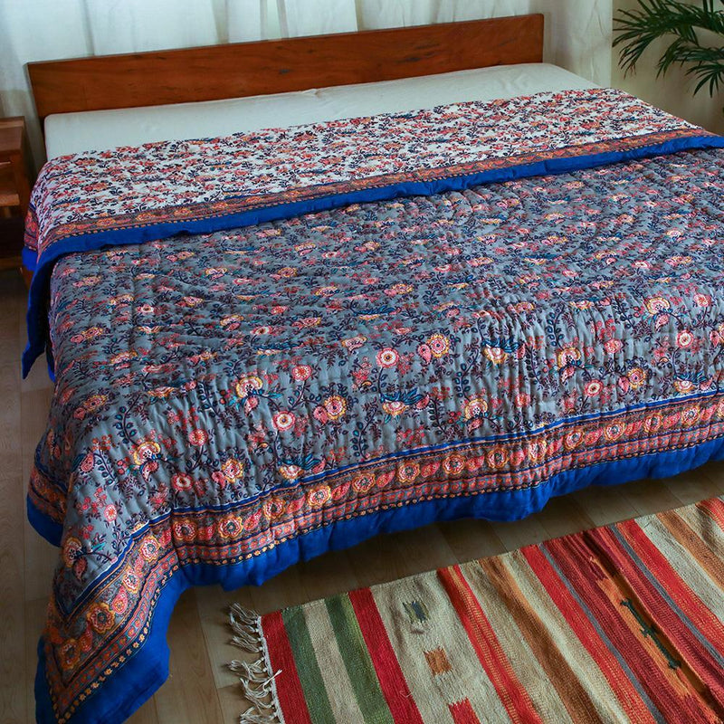 Cotton Mulmul Double Bed Jaipuri Razai Quilt Grey Floral Bel Print (4736316899427)